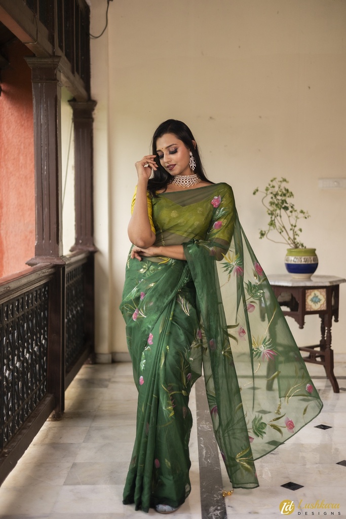 Lushkara Hand Painted Forest Green Organza Saree with Tassels With Sweetheart Neck Blouse