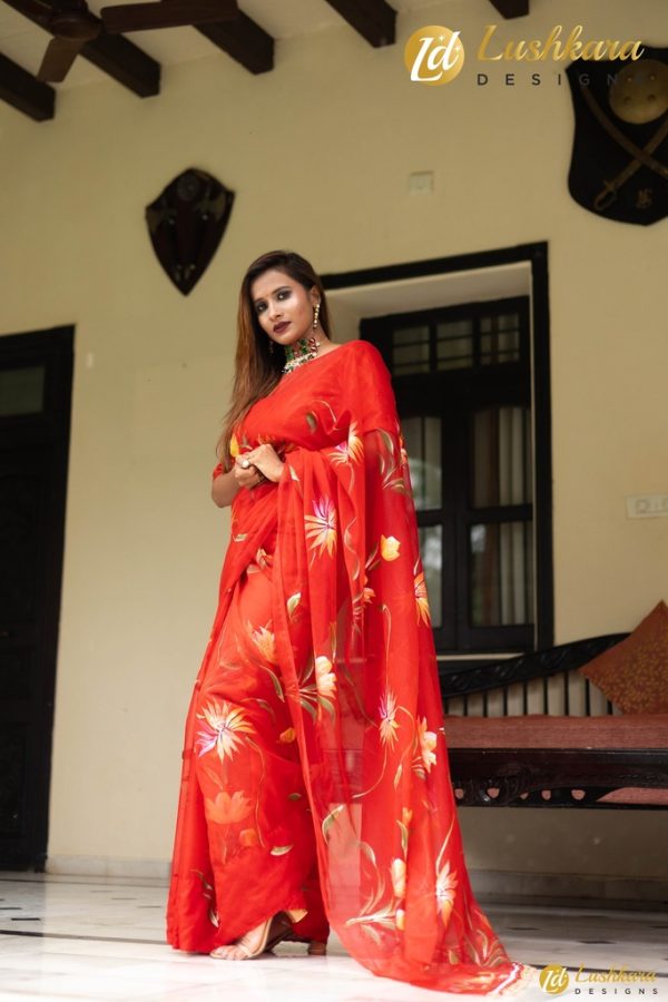 Lushkara Hand Painted Red Organza Saree With Hand Made Tassels - Image 2