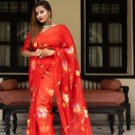 Lushkara Hand Painted Red Organza Saree With Hand Made Tassels