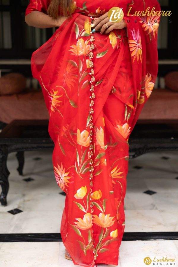 Lushkara Hand Painted Red Organza Saree With Hand Made Tassels - Image 3