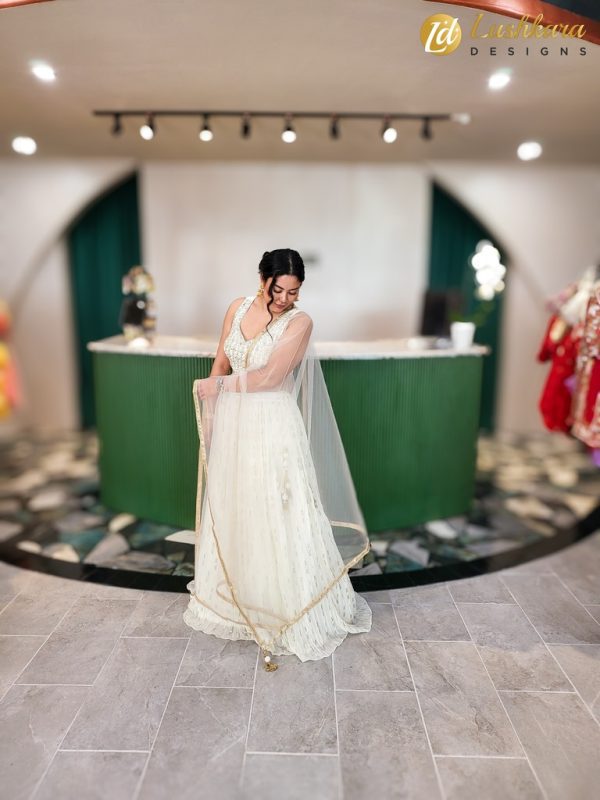 Lushkara Ivory Gold Pleated Lehenga - Image 3