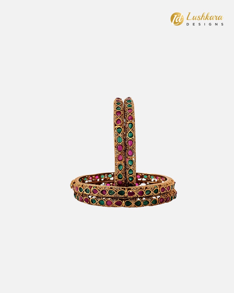 Lushkara Kundan Gold Bangle with Red and Green Stone