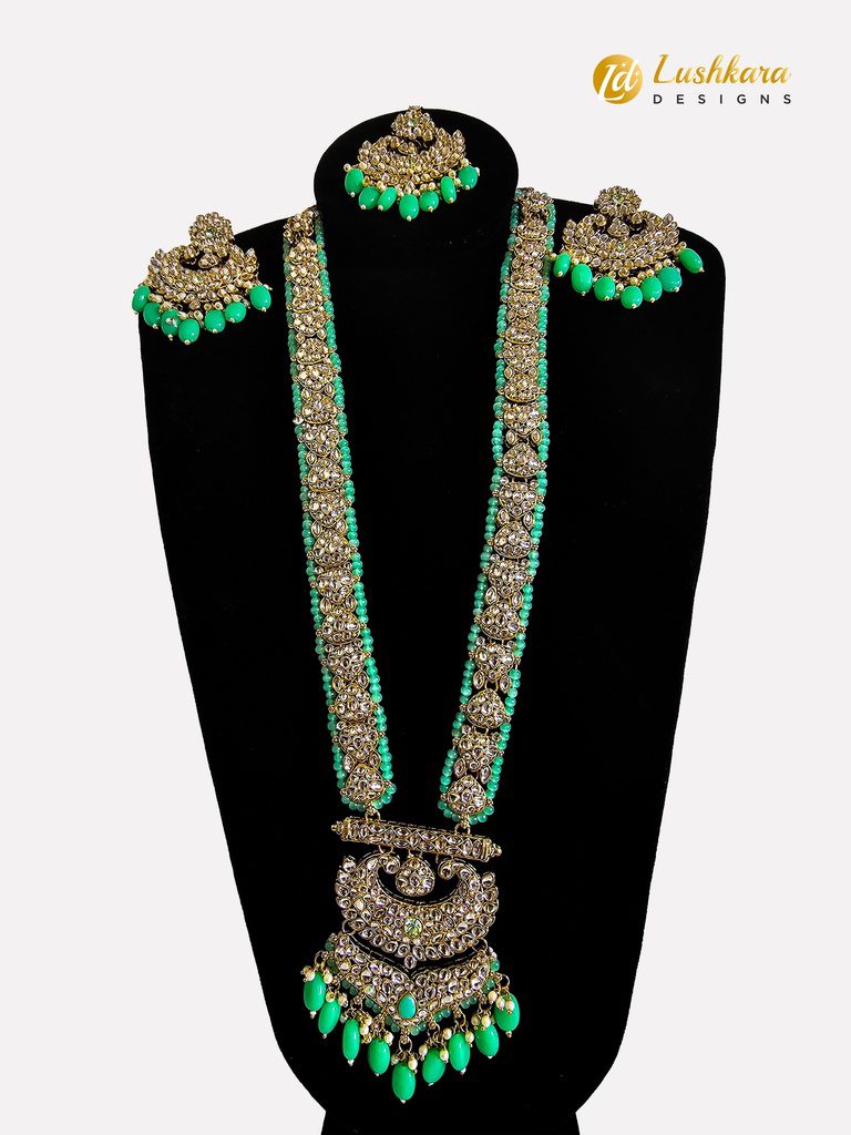 Lushkara Kundan Long Necklace with Mint Green Beads Necklace Set