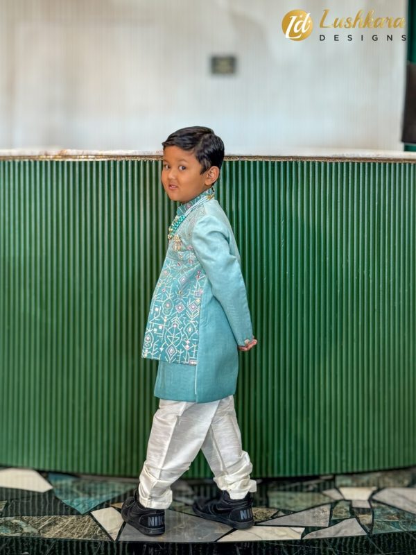 Lushkara Light Blue and White Kids' Sherwani Set - Image 2