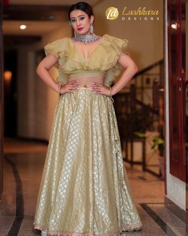 Lushkara Light Green Raw Silk full Sequined Lehenga with Ruffle Blouse - Image 2