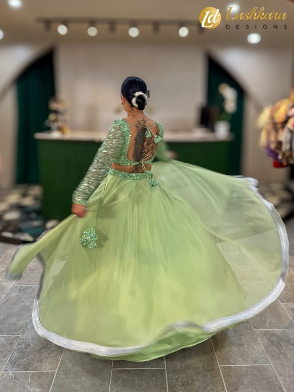 Lushkara Light Green and Silver Embroidered Lehenga Set - Image 3