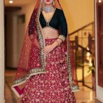 Lushkara Maroon Heavy Sequined Lehenga with Handwork Velvet Green Blouse and Heavy Work Dupatta