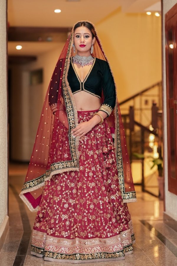 Lushkara Maroon Heavy Sequined Lehenga with Handwork Velvet Green Blouse and Heavy Work Dupatta