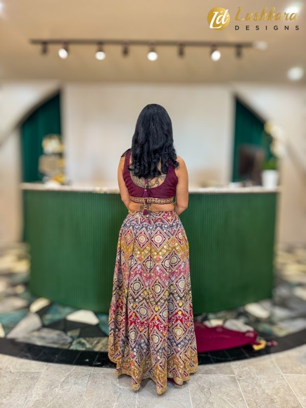 Lushkara Maroon and Multicolor Embroidered Lehenga Set - Image 3