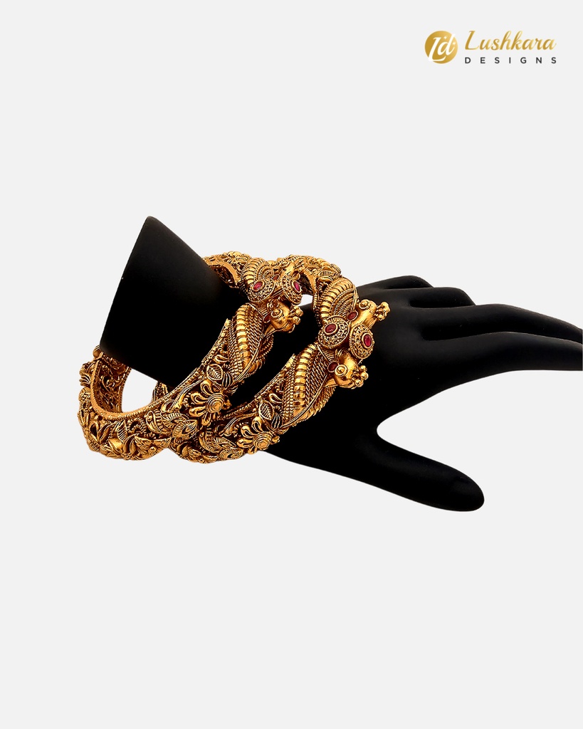Lushkara Matte Gold Finish Peacock Openable Bangle