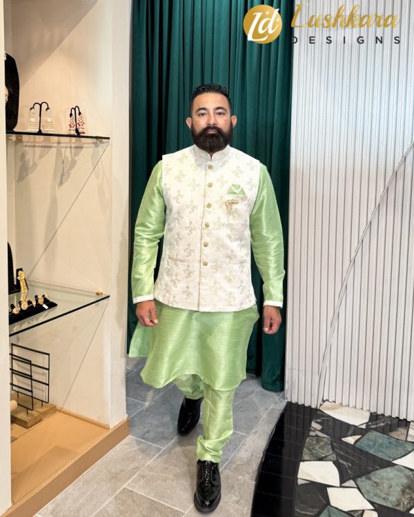 Lushkara Men's Mint Green Achkan: Fresh & Regal - Image 3