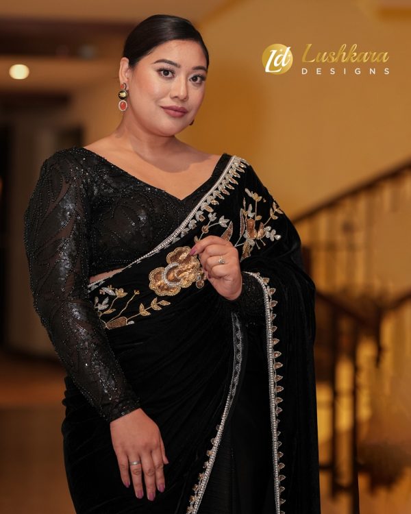 Lushkara Midnight Black Saree with Handwork Gold and Silver Embroidery with Heavy Sequin Full Sleeves Blouse - Image 2