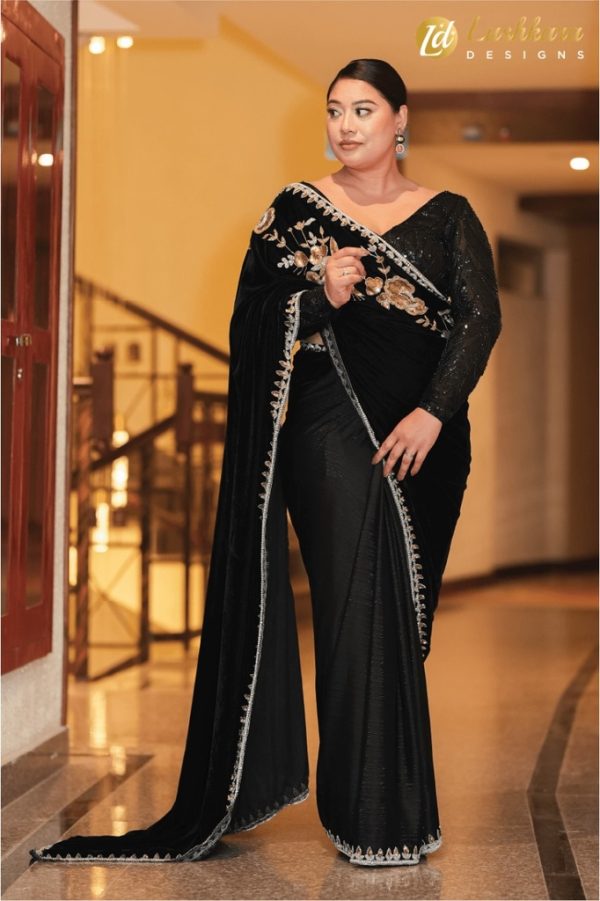 Lushkara Midnight Black Saree with Handwork Gold and Silver Embroidery with Heavy Sequin Full Sleeves Blouse - Image 3