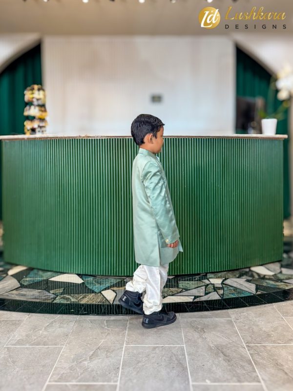 Lushkara Mint Green and White Kids' Sherwani Set - Image 2