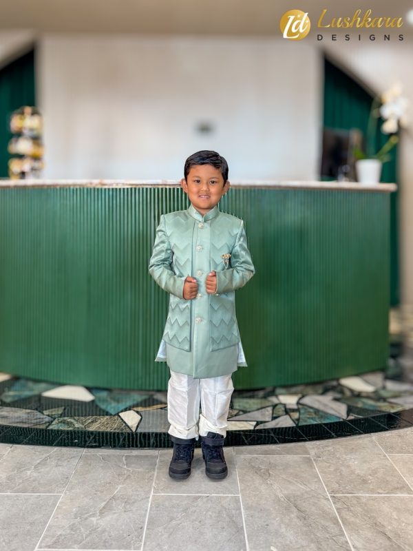 Lushkara Mint Green and White Kids' Sherwani Set