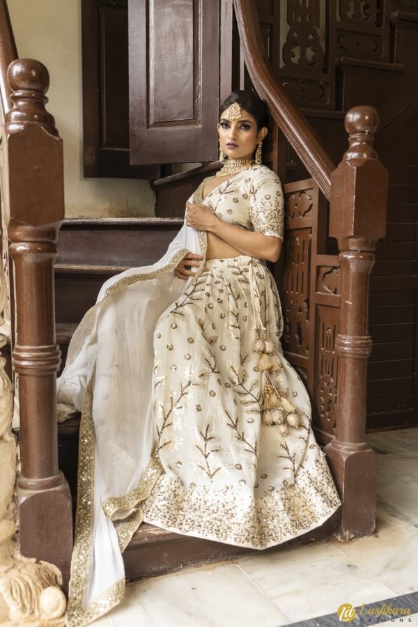 Lushkara Off White Heavy Sequine Cotton Lehenga - Image 3