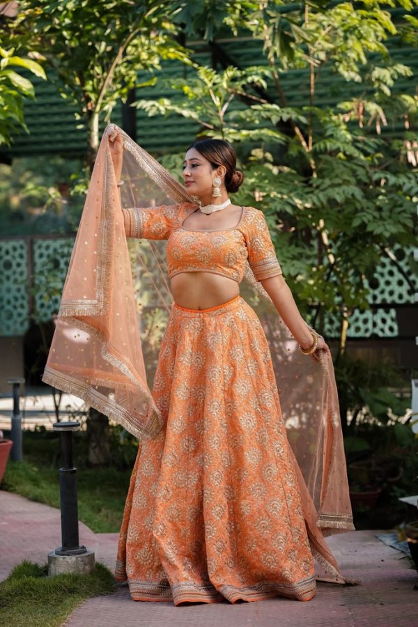 Lushkara Orange Raw Silk Lehenga with Round Neck Blouse Sequin Embroided - With Heavy Laces - Image 2