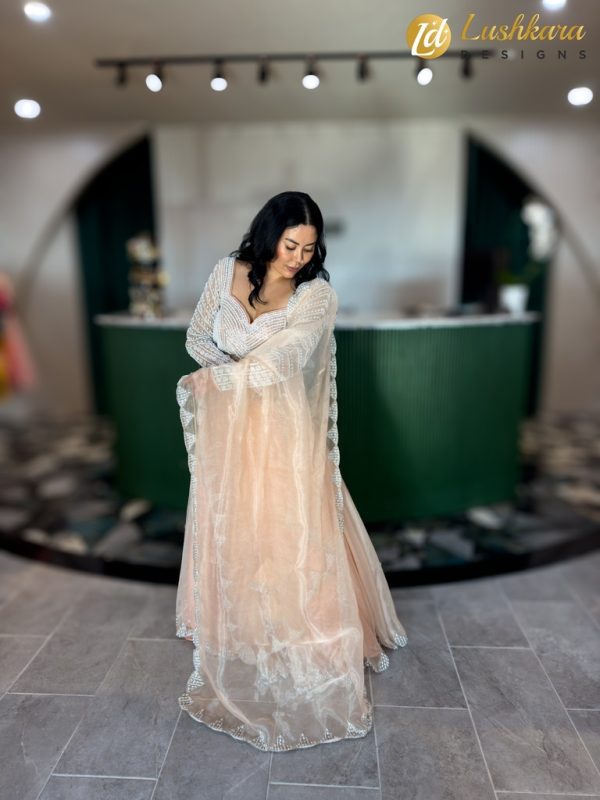 Lushkara Peach and Silver Embellished Lehenga - Image 2