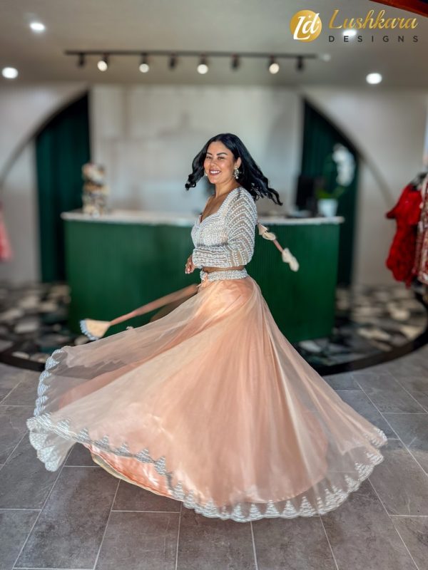 Lushkara Peach and Silver Embellished Lehenga - Image 3