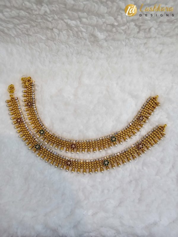 Lushkara Pearl and Gold Beaded Anklets - Image 2