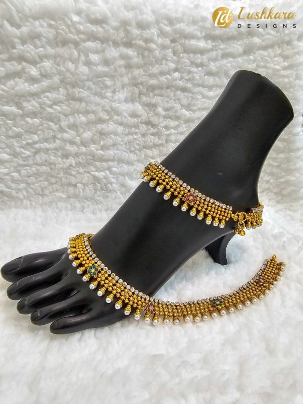 Lushkara Pearl and Gold Beaded Anklets