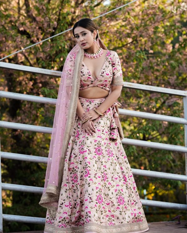 Lushkara Pink Floral Raw Silk Lehenga with V Neck blouse - Thread Embroided with Heavy Laces