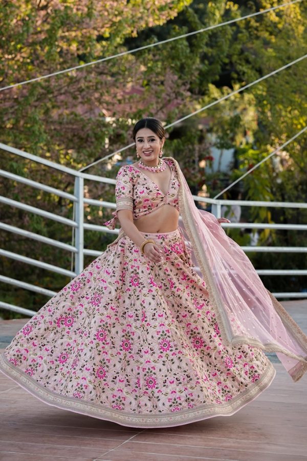 Lushkara Pink Floral Raw Silk Lehenga with V Neck blouse - Thread Embroided with Heavy Laces - Image 2