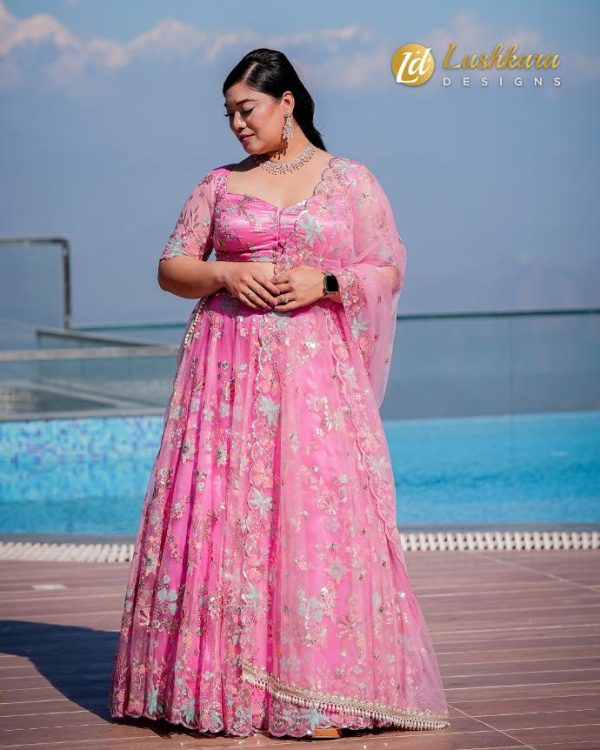 Lushkara Pink Sequin and Pearl Embroidered Lehenga with Heavy Laces & Latkans - Image 2