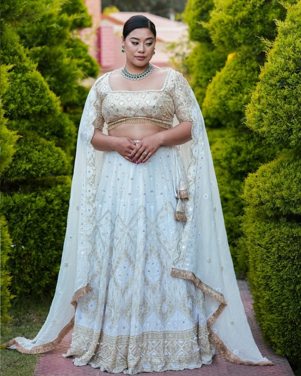 Lushkara Ivory Handwork Floral Sequined Lehenga with Heavy Worked Dupatta