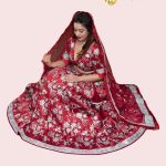 Lushkara Red Heavy Floral Threadwork Lehenga with Full Sleeves Blouse