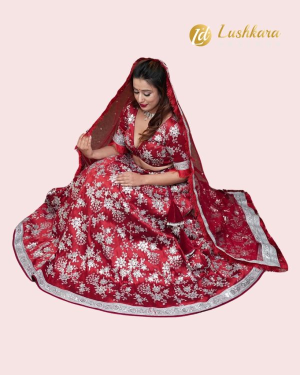 Lushkara Red Heavy Floral Threadwork Lehenga with Full Sleeves Blouse