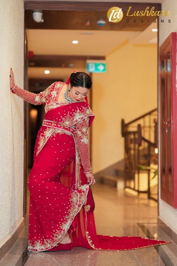 Lushkara Red handwork Bridal Set Saree - Image 3