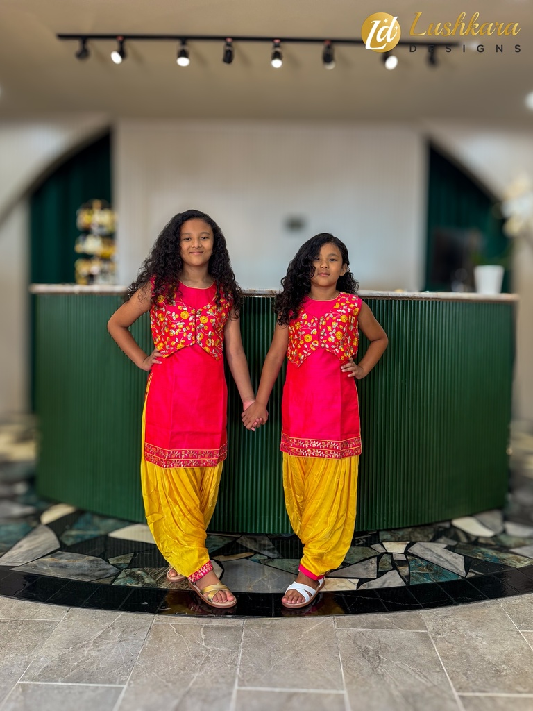 Lushkara Red & Yellow Girls’ Patiala Suit