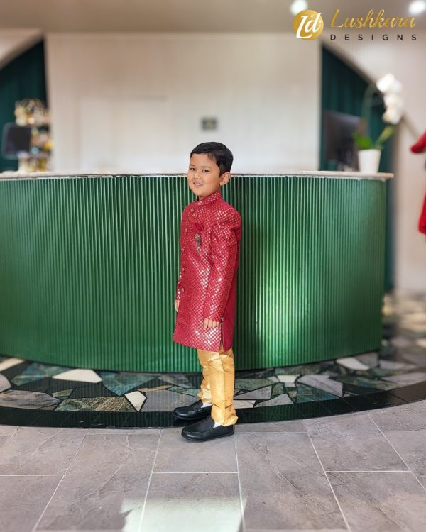 Lushkara Red and Gold Kids' Sherwani Set - Image 3