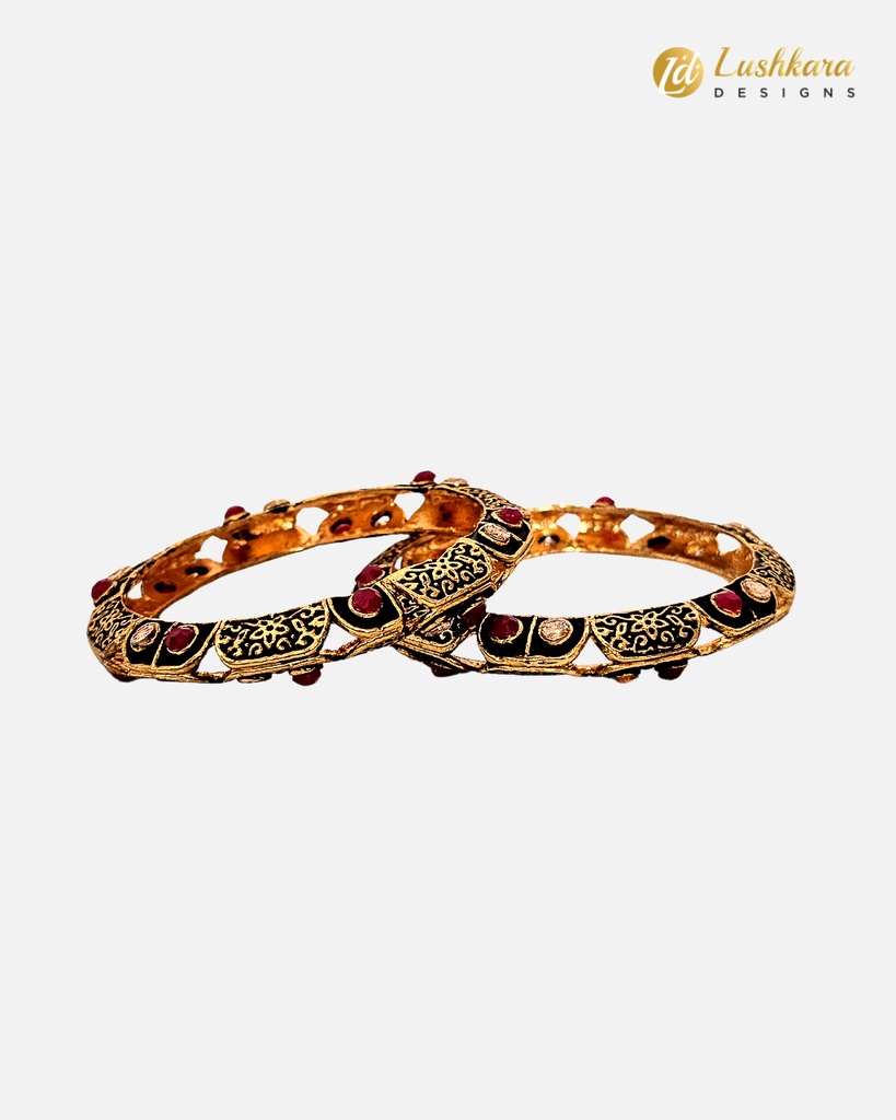 Lushkara Red and White Stone Bangle with Work in Black