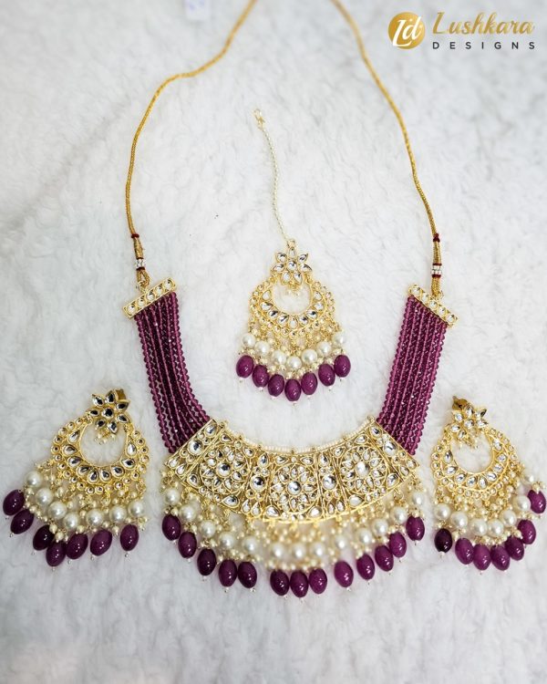Lushkara Regal Plum Kundan Pearl Choker Set - Image 2