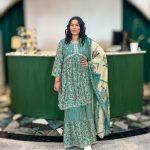 Lushkara Teal and Cream Floral Print Sharara Set