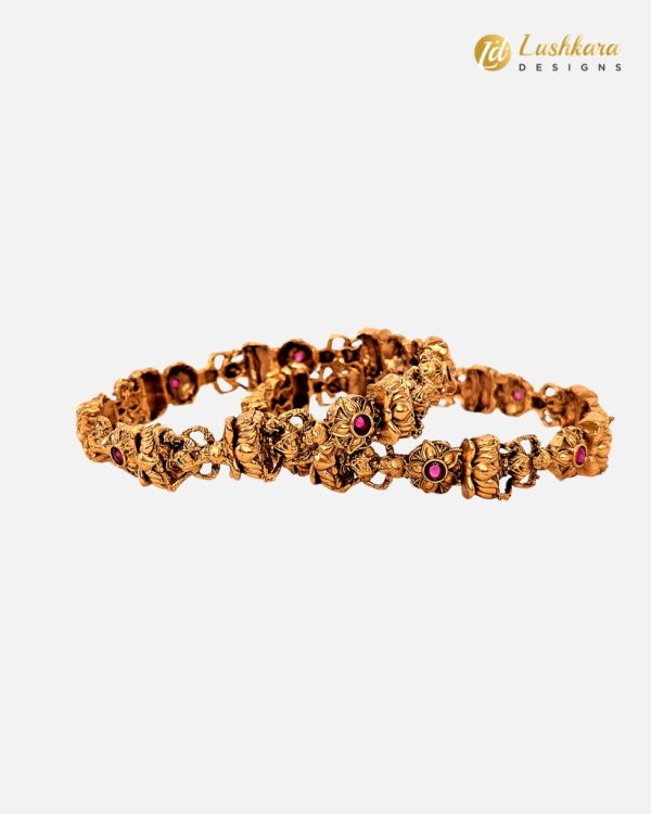 Lushkara Temple Work with Red and Green Stone Bangle - Image 2
