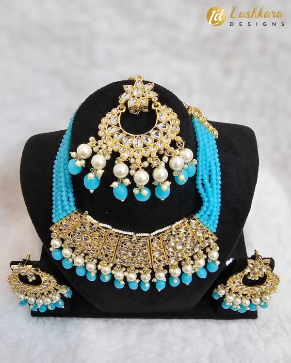 Lushkara Turquoise Beaded Kundan Necklace Set - Image 3