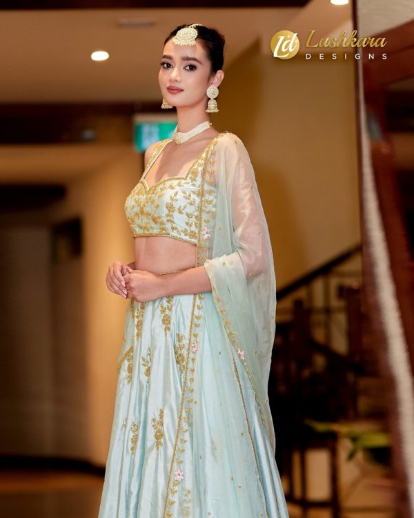 Lushkara Baby Blue Raw Silk Full Handwork Lehenga with Sleveless Blouse and Dupatta - Image 3