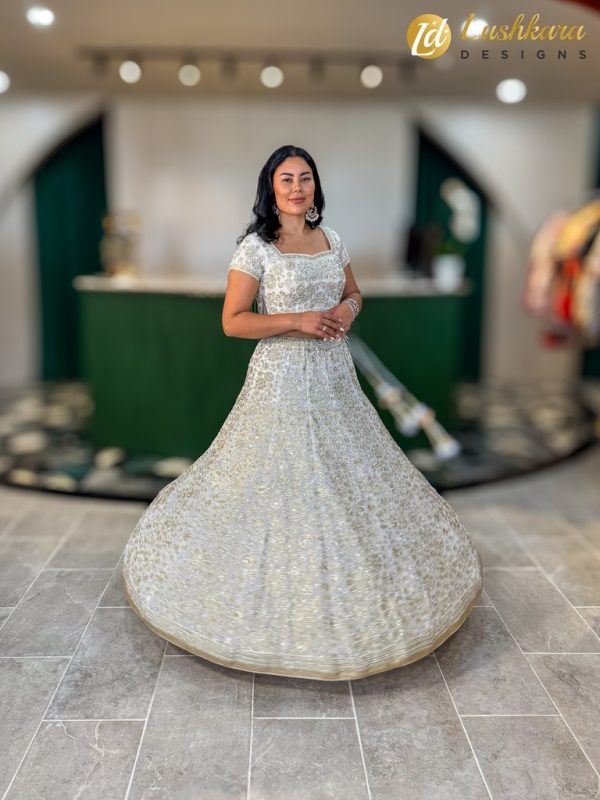 Lushkara White and Gold Embroidered Lehenga Set - Image 3
