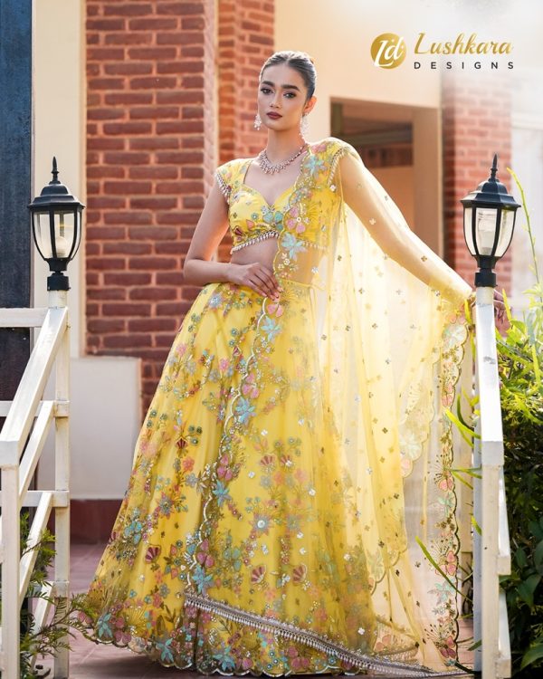 Lushkara Yellow Sequin and Pearl Embroidered Lehenga with Heavy Laces & Latkans - Image 3