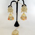 Lushkara Elegant Gold-Toned Jhumka Earrings with Multicolor Beads and Matching Maang Tikka Set