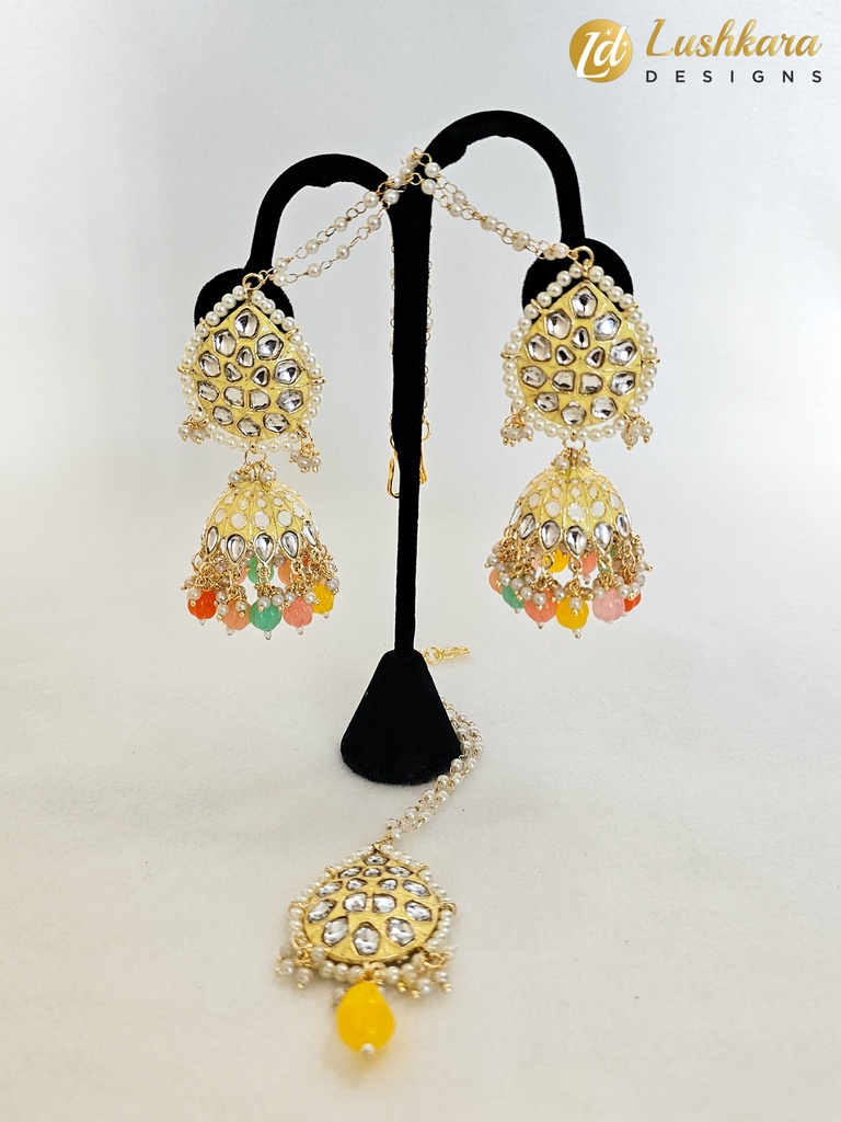 Lushkara Elegant Gold-Toned Jhumka Earrings with Multicolor Beads and Matching Maang Tikka Set