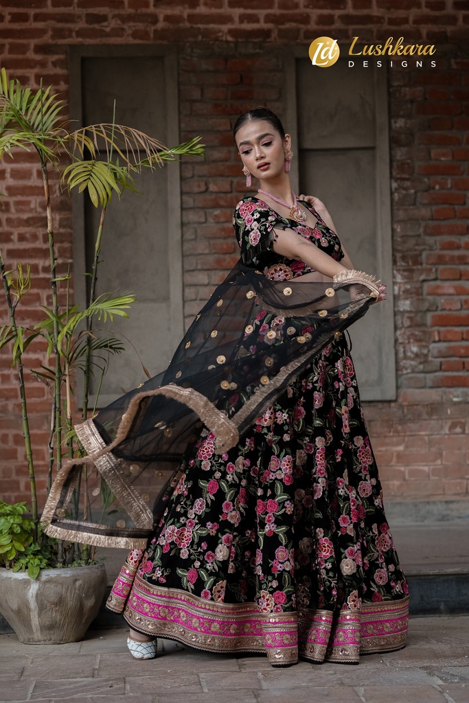 Midnight Bloom Black and Pink Threadwork Lehenga with Hand Work Tassle and Heavy Work Laces