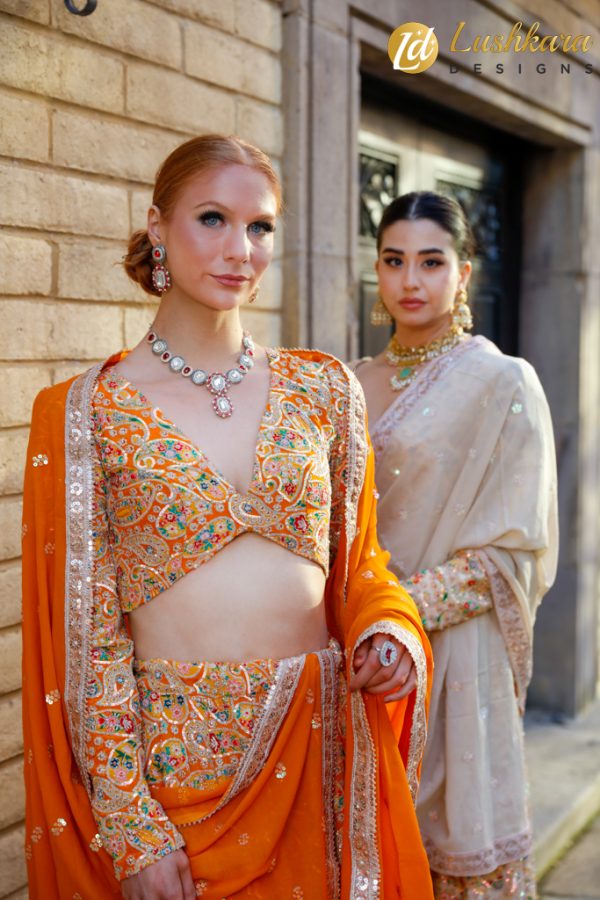 Lushkara Vibrant Orange and Multicolor Embroidered Lehenga Set - Image 5