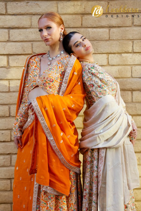 Lushkara Vibrant Orange and Multicolor Embroidered Lehenga Set - Image 7