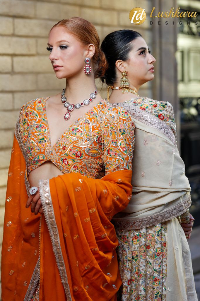 Lushkara Vibrant Orange and Multicolor Embroidered Lehenga Set