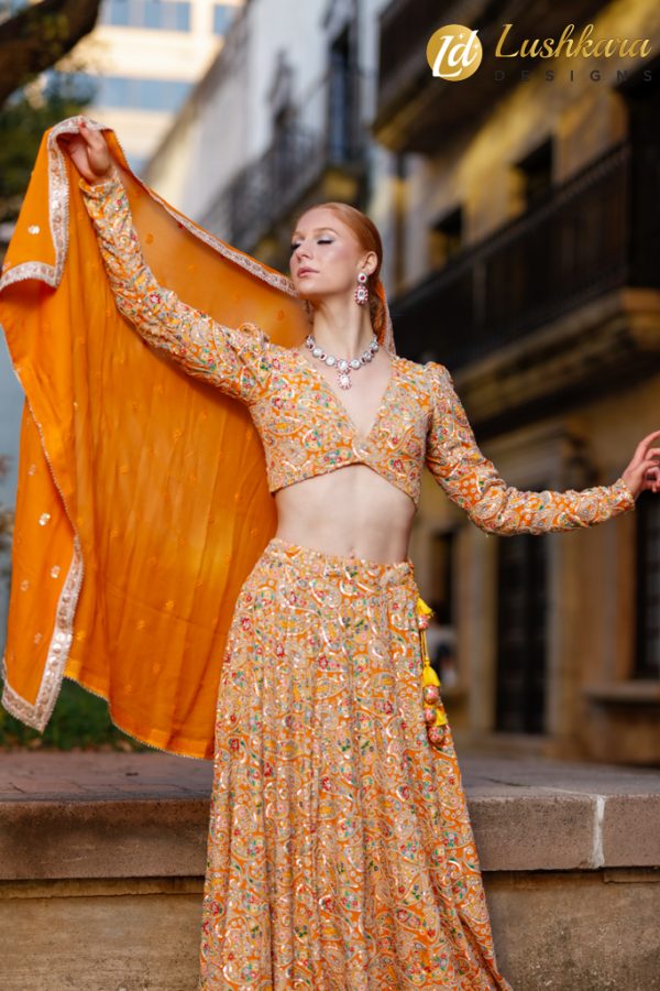 Lushkara Vibrant Orange and Multicolor Embroidered Lehenga Set - Image 2