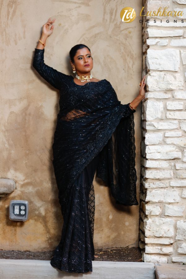 Lushkara Designs Midnight Elegance Black Embroidery Saree - Image 2